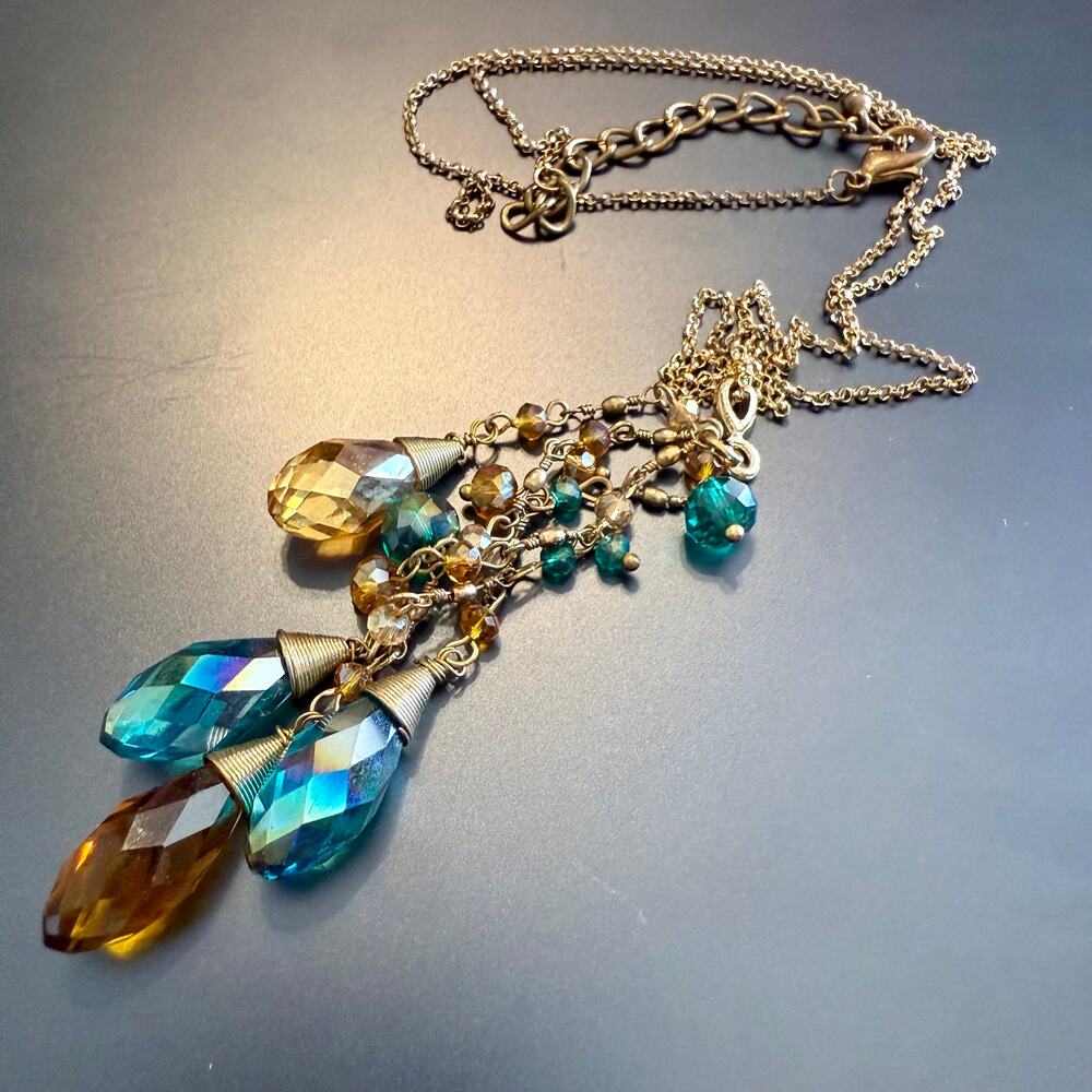 Colorful Faceted Crystal Beaded Lariat Gold Tone Necklace